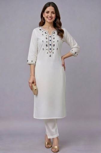 White embroidered rayon kurta set