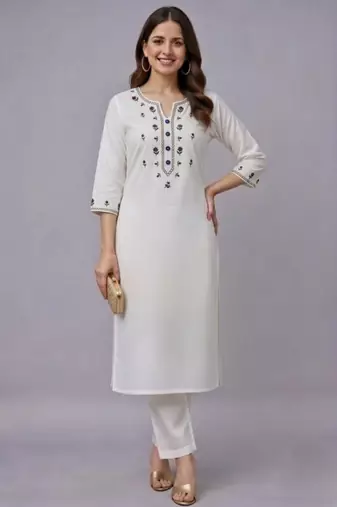 White embroidered rayon kurta set