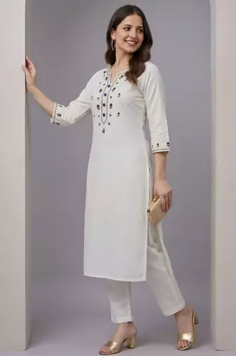 White embroidered rayon kurta set