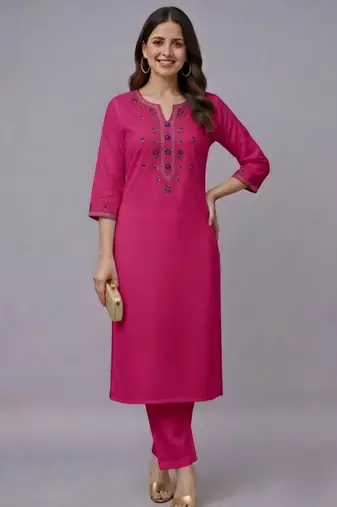 Pink embroidered rayon kurta set