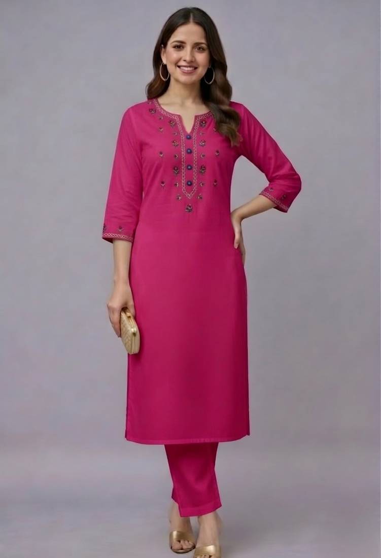 Pink embroidered rayon kurta set