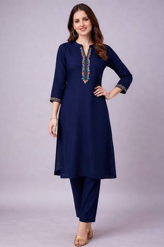 Navy embroidered rayon kurta set