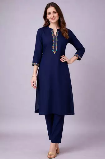 Navy embroidered rayon kurta set