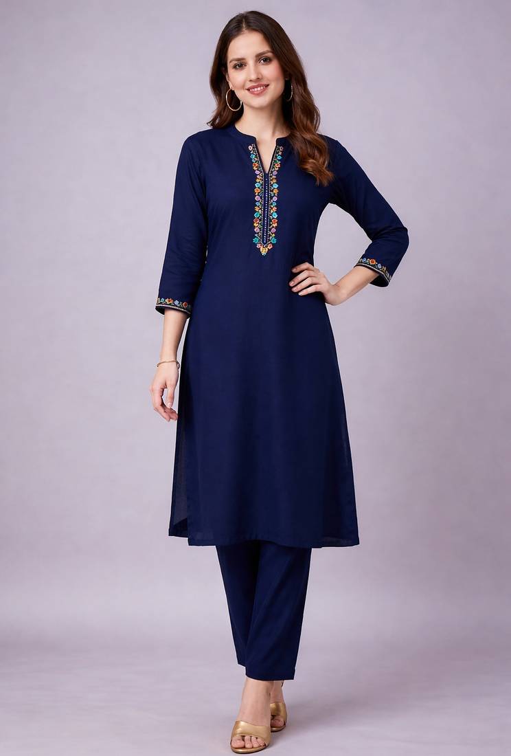 Navy embroidered rayon kurta set