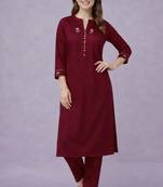 Maroon embroidered rayon kurta set