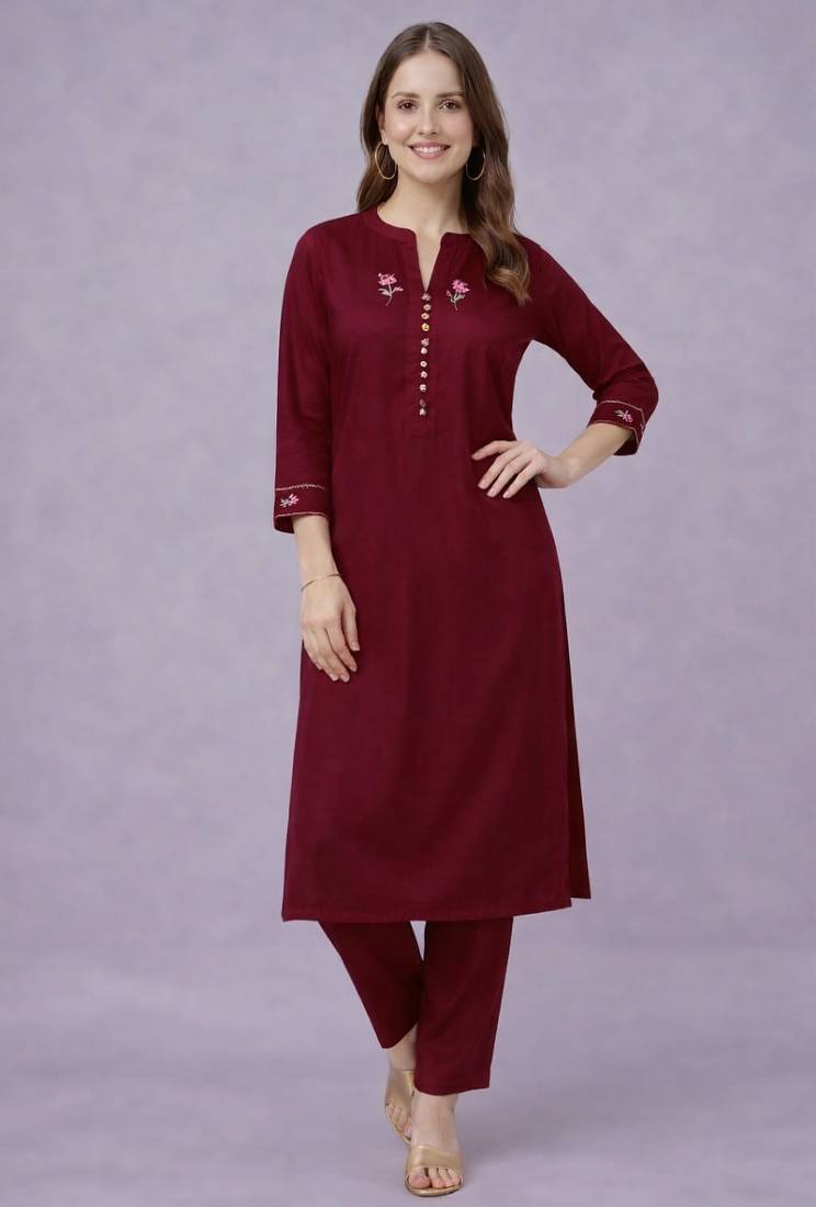 Maroon embroidered rayon kurta set