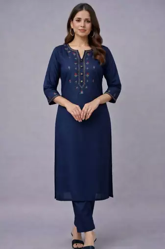Navy embroidered rayon kurta set