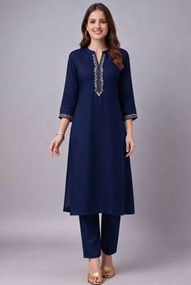 Navy embroidered rayon kurta set 2