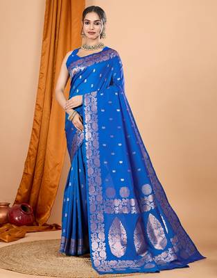 Blue woven self design embellished silk blend banarasi saree with blouse 1