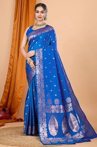 Blue woven self design embellished pure silk banarasi saree with blouse