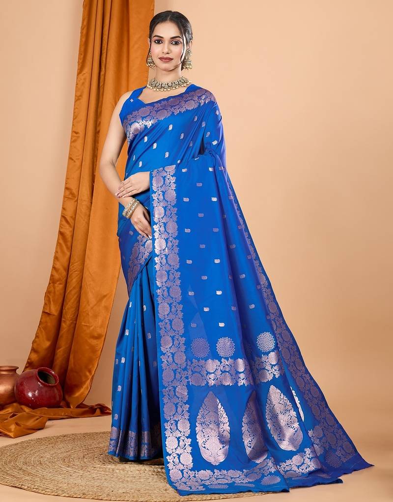 Blue woven self design embellished pure silk banarasi saree with blouse