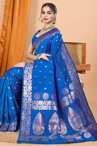 Blue woven self design embellished pure silk banarasi saree with blouse