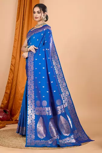 Blue woven self design embellished pure silk banarasi saree with blouse