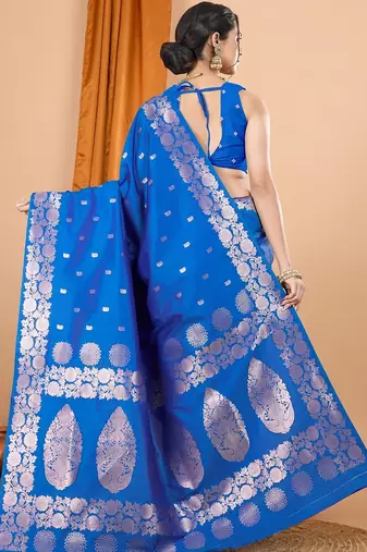 Blue woven self design embellished pure silk banarasi saree with blouse