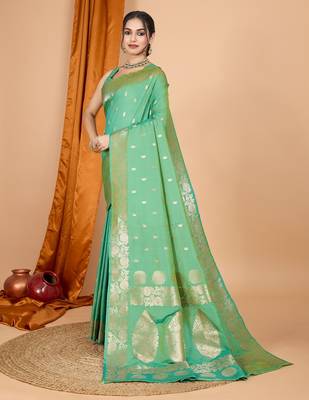 Green woven self design embellished silk blend banarasi saree with blouse 3
