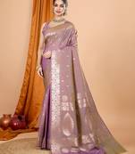 Light purple woven self design embellished pure silk banarasi saree with blouse
