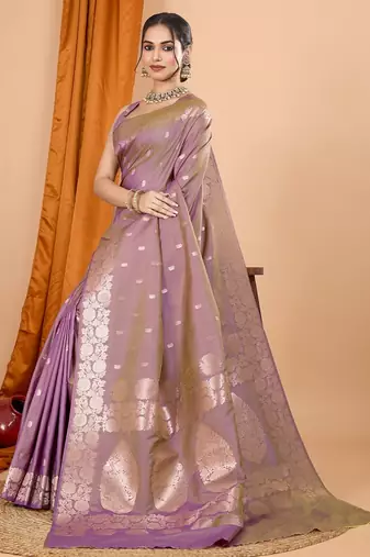 Light purple woven self design embellished pure silk banarasi saree with blouse