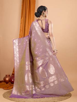 Light purple woven self design embellished silk blend banarasi saree with blouse 4