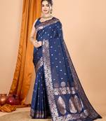 Navy blue woven self design embellished pure silk banarasi saree with blouse