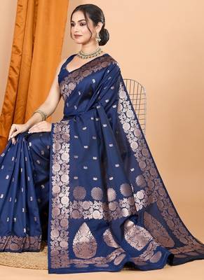 Navy blue woven self design embellished silk blend banarasi saree with blouse 2