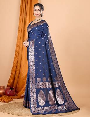 Navy blue woven self design embellished silk blend banarasi saree with blouse 3