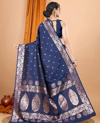 Navy blue woven self design embellished silk blend banarasi saree with blouse 4
