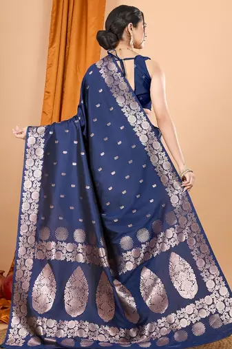 Navy blue woven self design embellished pure silk banarasi saree with blouse