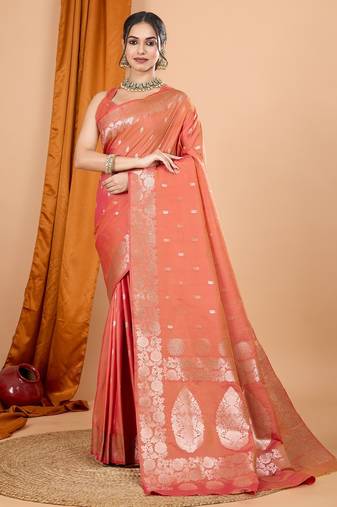 Salmon woven self design embellished pure silk banarasi saree with blouse