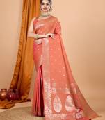 Salmon woven self design embellished pure silk banarasi saree with blouse