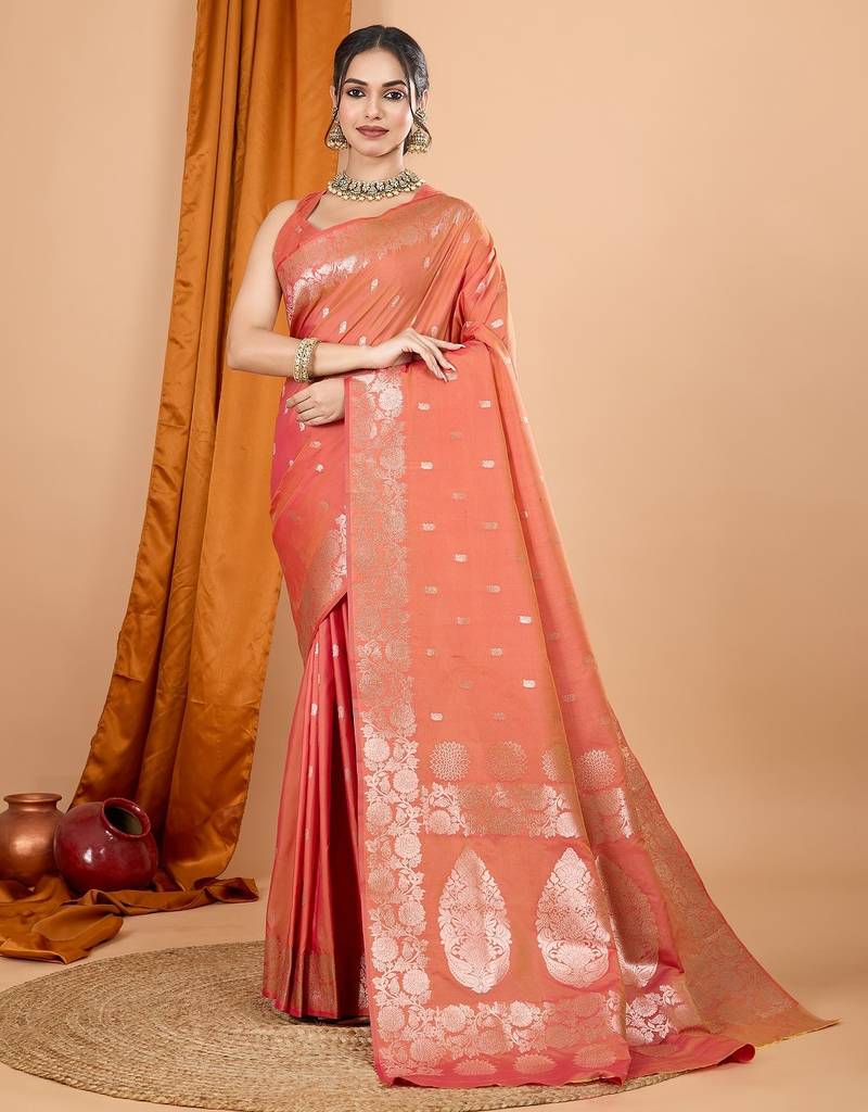 Salmon woven self design embellished pure silk banarasi saree with blouse