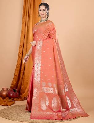 Salmon woven self design embellished silk blend banarasi saree with blouse 3