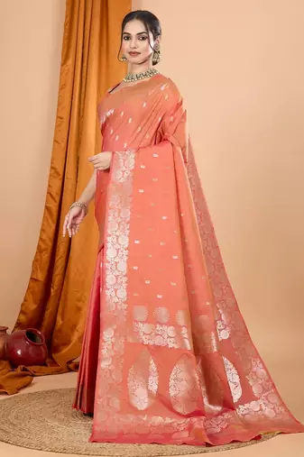 Salmon woven self design embellished pure silk banarasi saree with blouse