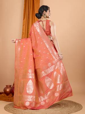 Salmon woven self design embellished silk blend banarasi saree with blouse 4