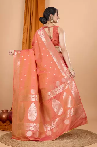 Salmon woven self design embellished pure silk banarasi saree with blouse