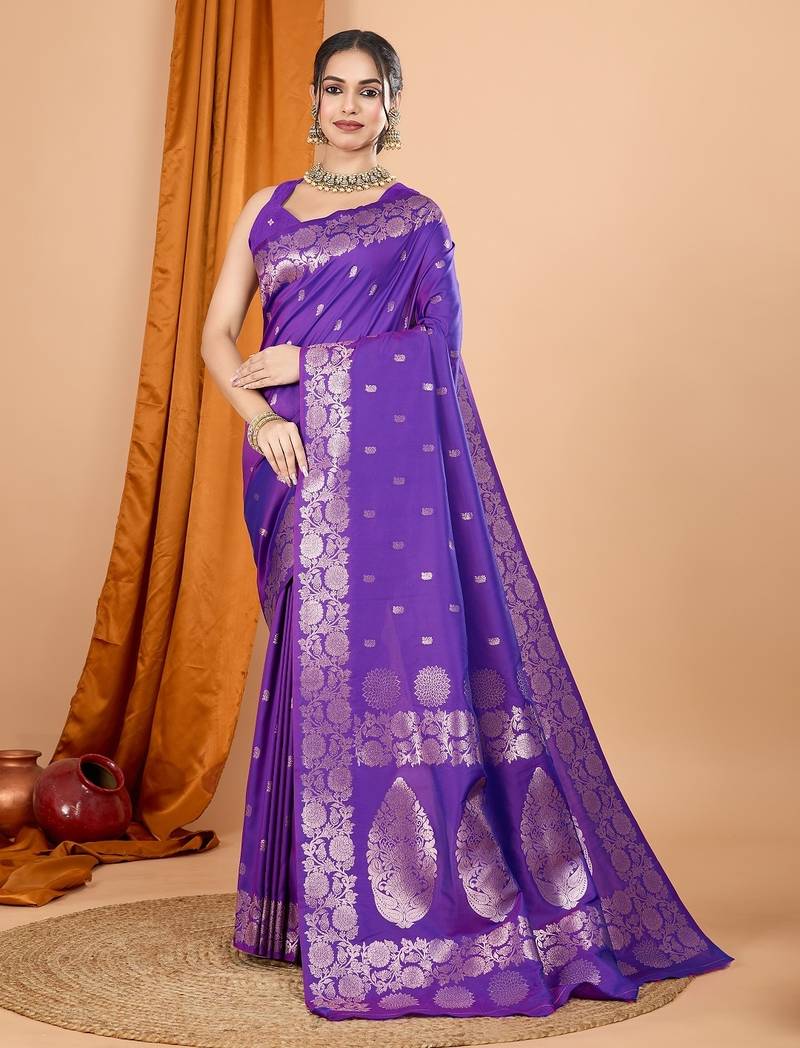 Violet woven self design embellished pure silk banarasi saree with blouse