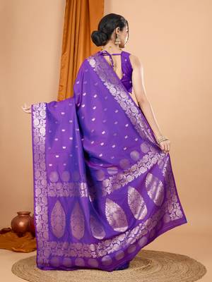 Violet woven self design embellished silk blend banarasi saree with blouse 4