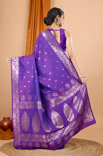 Violet woven self design embellished pure silk banarasi saree with blouse