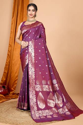 Wine woven self design embellished pure silk banarasi saree with blouse