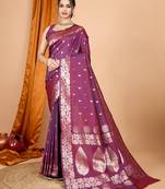 Wine woven self design embellished pure silk banarasi saree with blouse