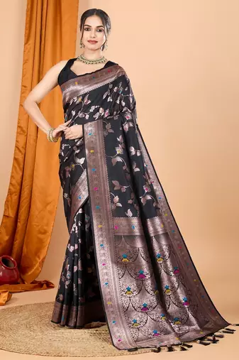 Black woven self design embellished pure silk banarasi saree with blouse