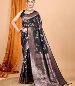 Black woven self design embellished pure silk banarasi saree with blouse