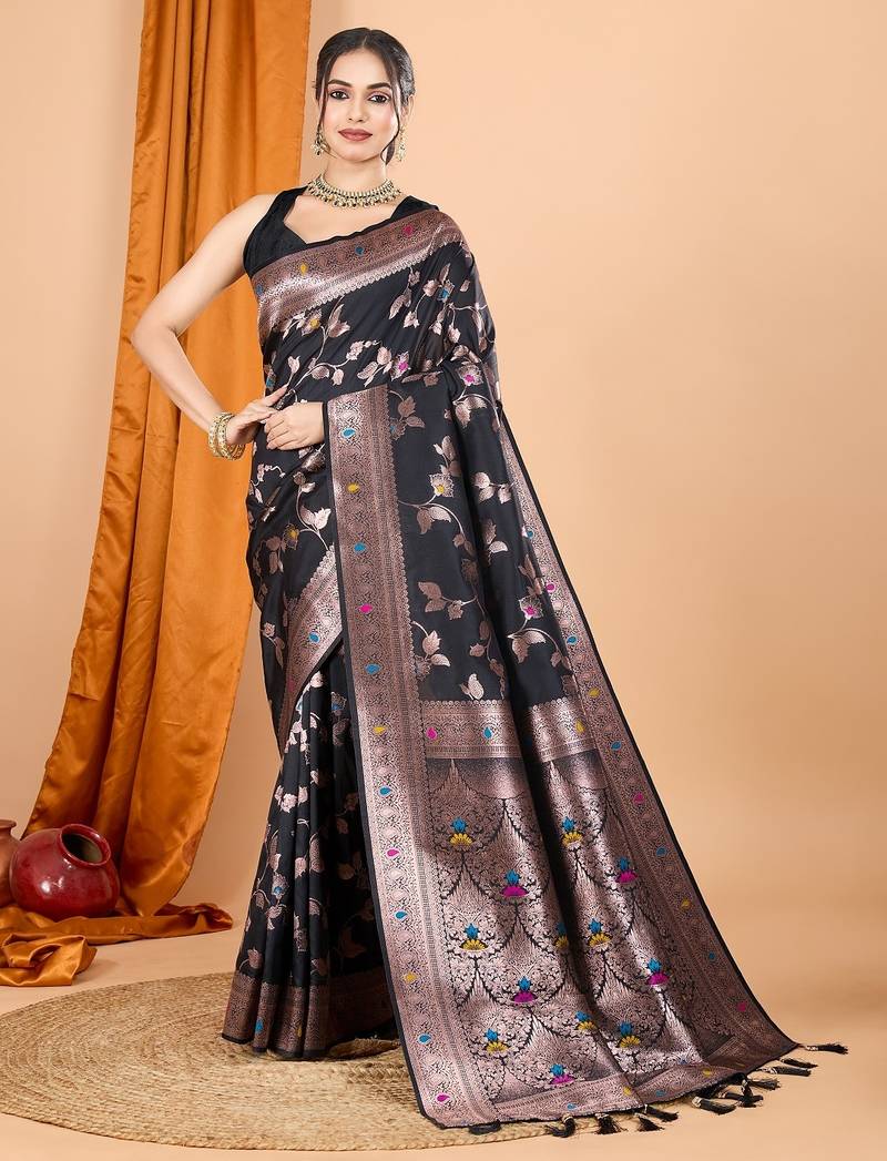 Black woven self design embellished pure silk banarasi saree with blouse