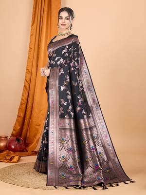 Black woven self design embellished silk blend banarasi saree with blouse 3
