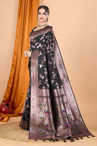 Black woven self design embellished pure silk banarasi saree with blouse