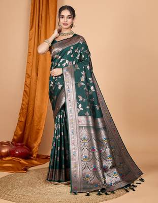 Dark green woven self design embellished silk blend banarasi saree with blouse 1