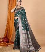 Dark green woven self design embellished pure silk banarasi saree with blouse