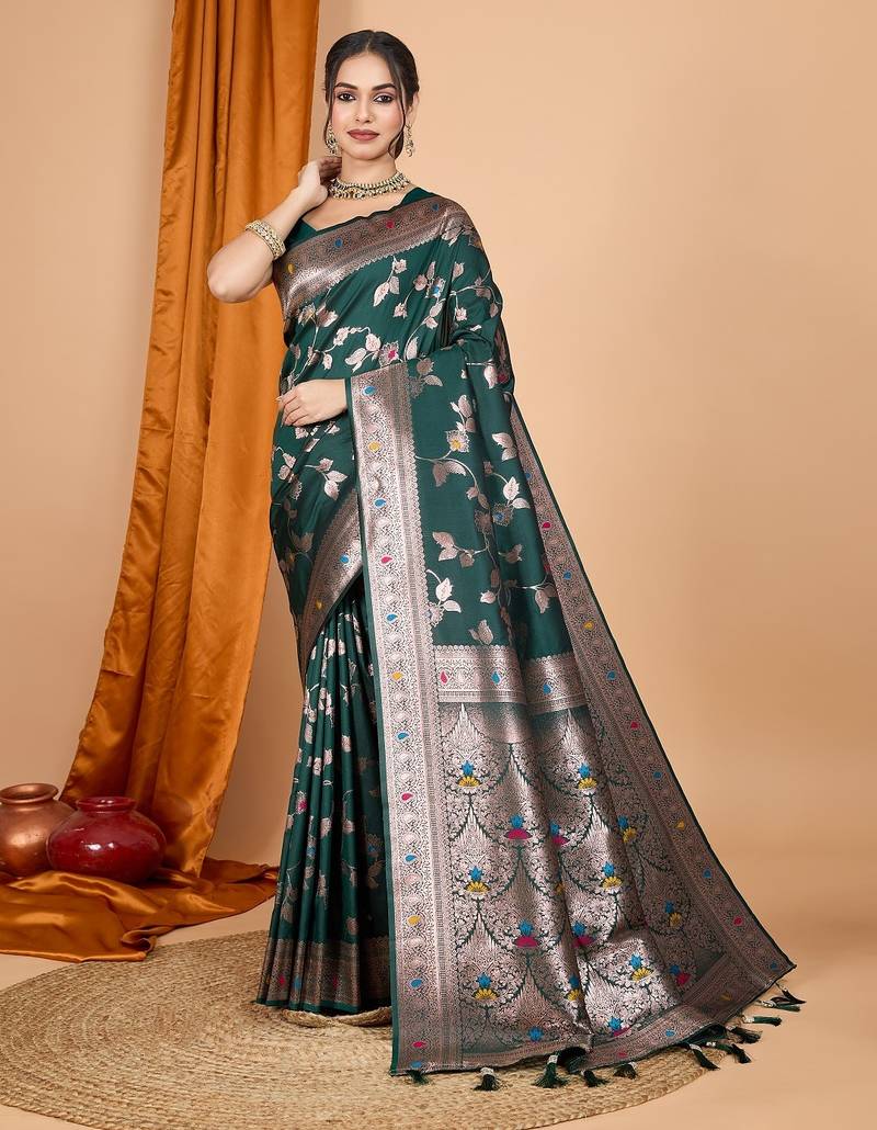 Dark green woven self design embellished pure silk banarasi saree with blouse