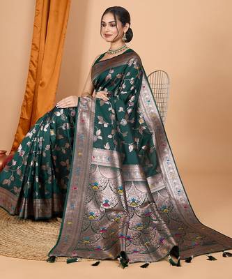 Dark green woven self design embellished silk blend banarasi saree with blouse 2