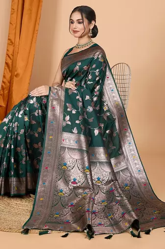 Dark green woven self design embellished pure silk banarasi saree with blouse