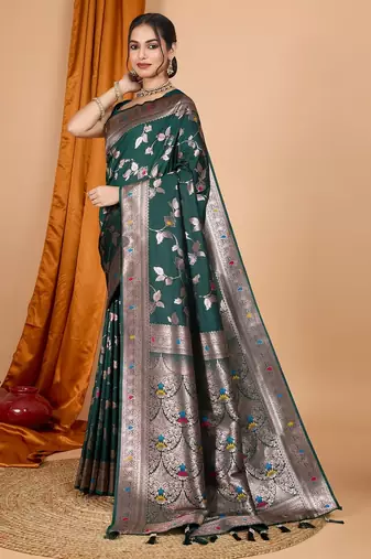 Dark green woven self design embellished pure silk banarasi saree with blouse